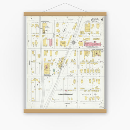 Old map wall art mockup — magnetic wood frame on white wall — Sanborn Fire Insurance Map from Bluffton, Wells County, Indiana (1900), Sheet #0006