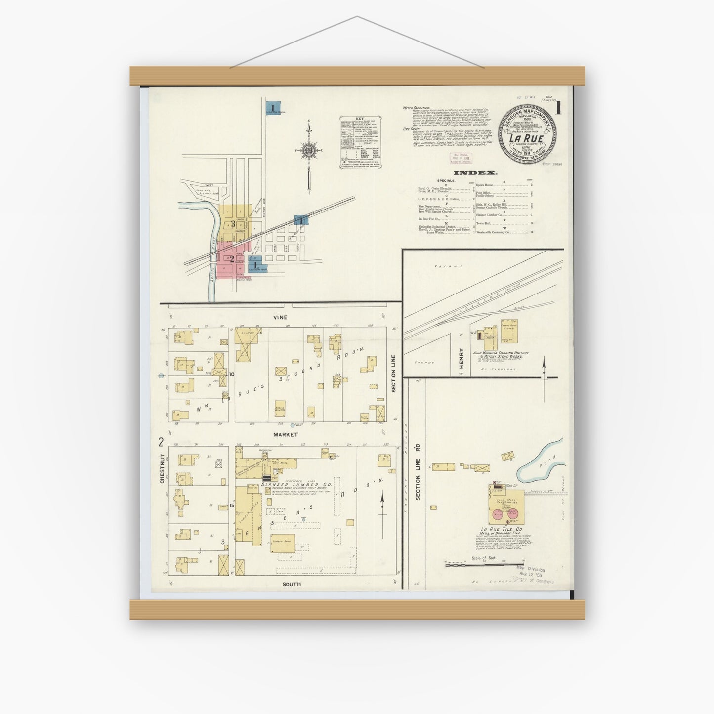 Old map wall art mockup — magnetic wood frame on white wall — Sanborn Fire Insurance Map from La Rue, Marion County, Ohio (1911) - Complete Map Set
