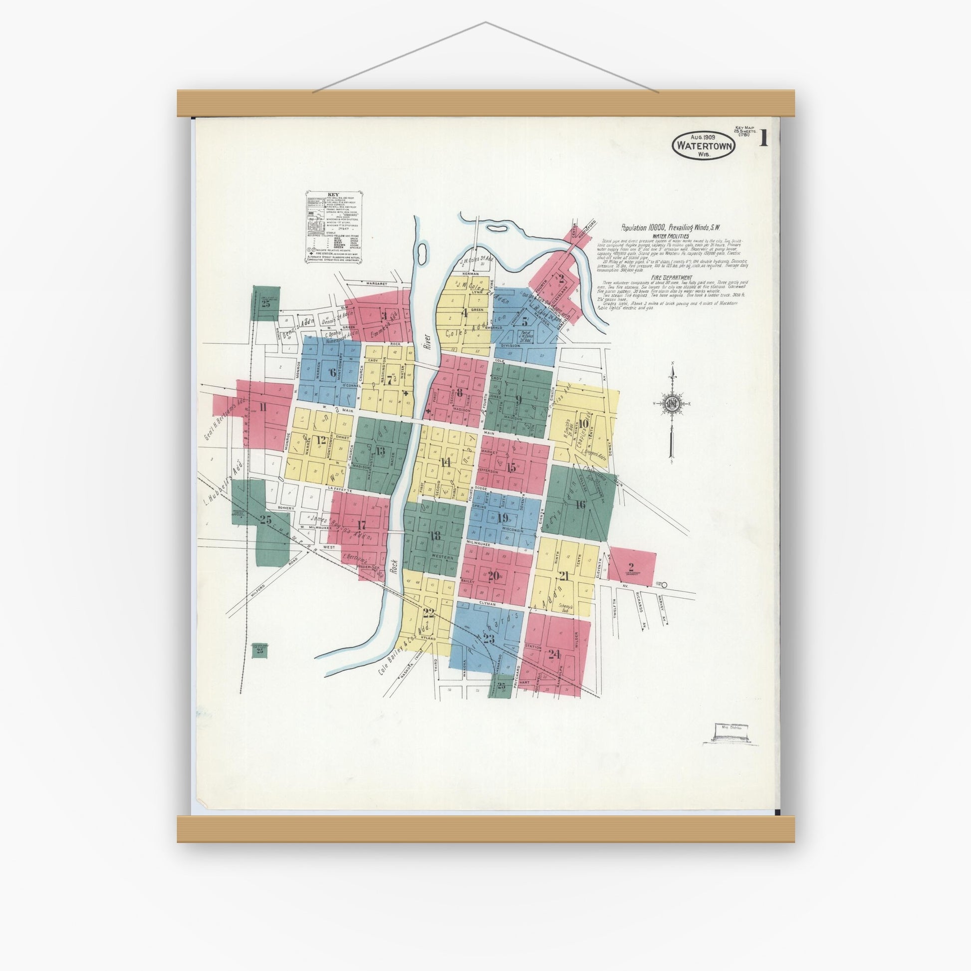 Old map wall art mockup — magnetic wood frame on white wall — Sanborn Fire Insurance Map from Watertown, Jefferson County, Wisconsin (1909), Sheet #0001