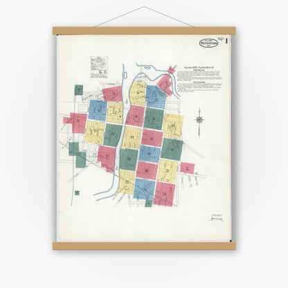 Old map wall art mockup — magnetic wood frame on white wall — Sanborn Fire Insurance Map from Watertown, Jefferson County, Wisconsin (1909), Sheet #0001