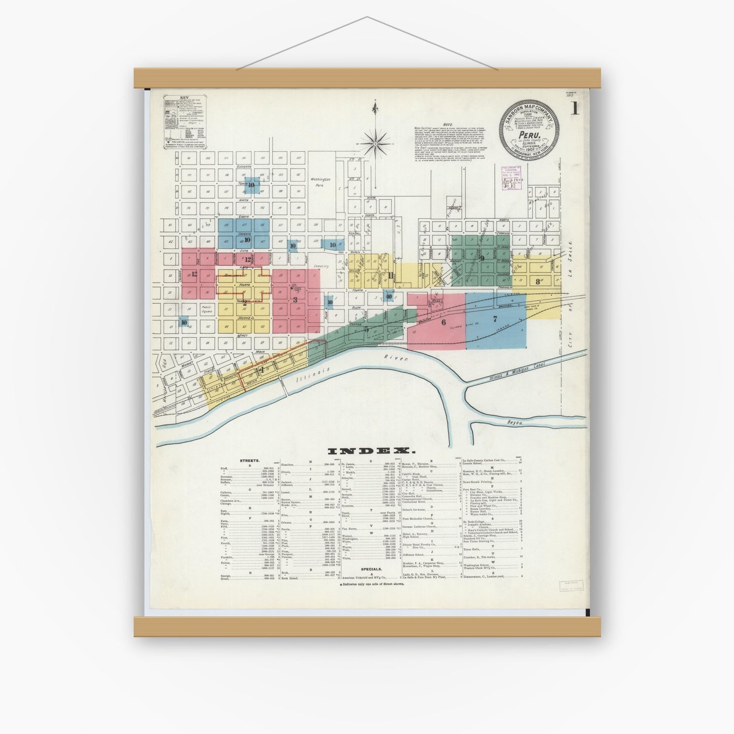 Old map wall art mockup — magnetic wood frame on white wall — Sanborn Fire Insurance Map from Peru, La Salle County, Illinois (1902), Sheet #0001