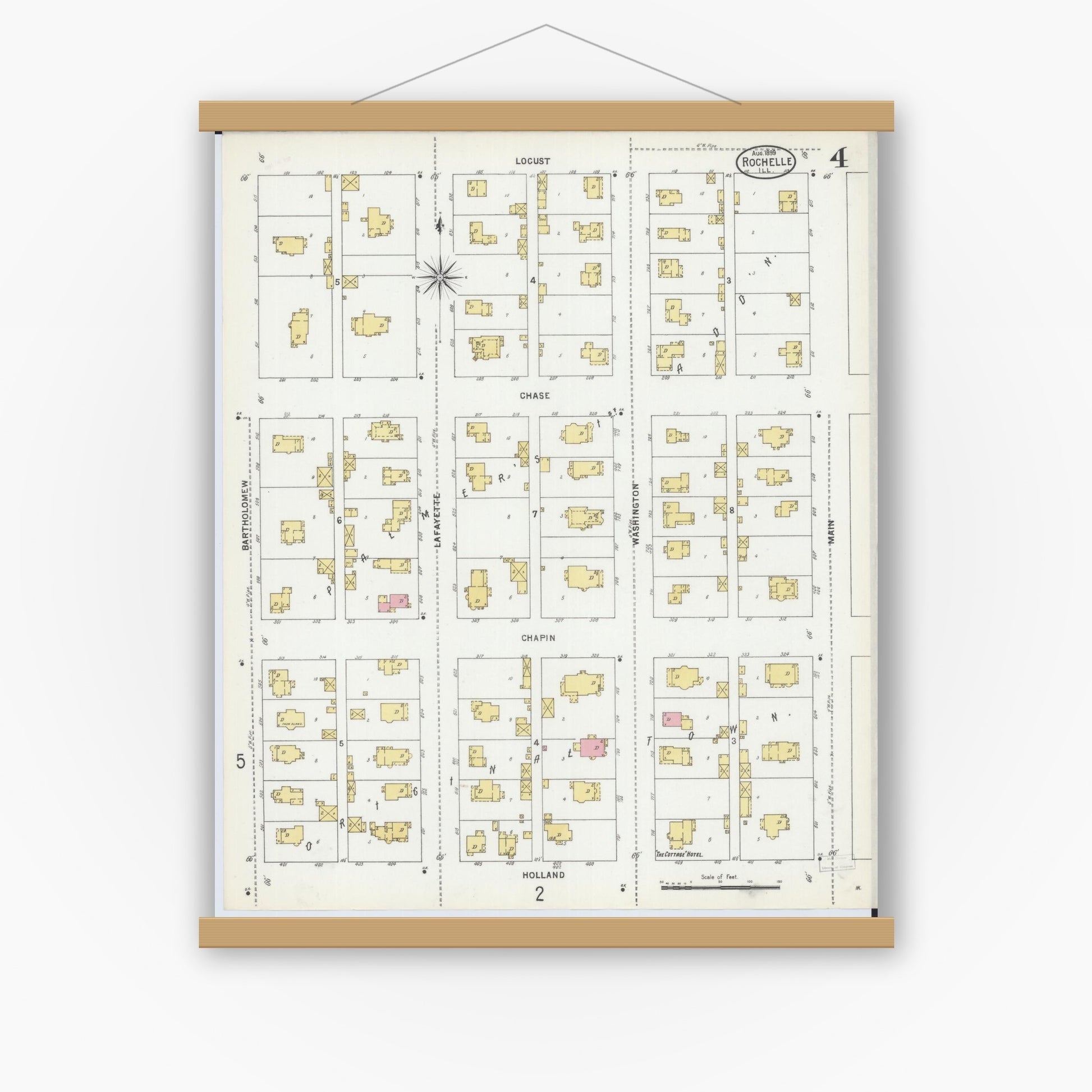 Old map wall art mockup — magnetic wood frame on white wall — Sanborn Fire Insurance Map from Rochelle, Ogle County, Illinois (1899), Sheet #0004