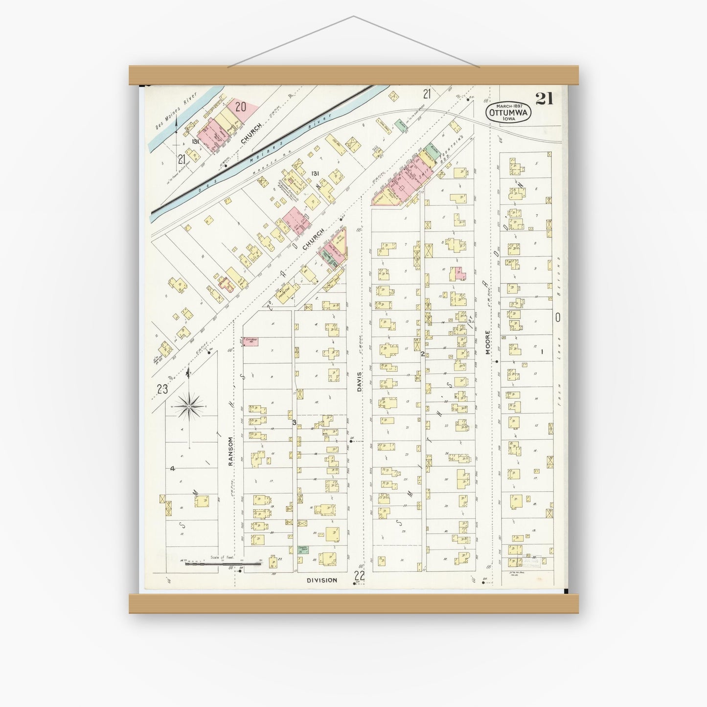 Old map wall art mockup — magnetic wood frame on white wall — Sanborn Fire Insurance Map from Ottumwa, Wapello County, Iowa (1897), Sheet #0021
