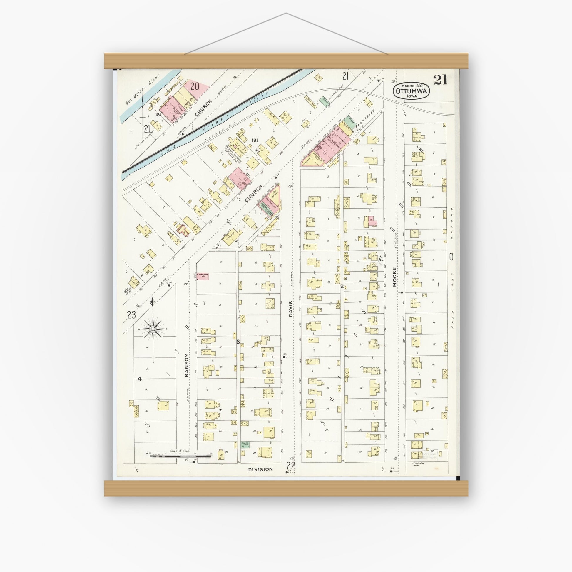 Old map wall art mockup — magnetic wood frame on white wall — Sanborn Fire Insurance Map from Ottumwa, Wapello County, Iowa (1897), Sheet #0021