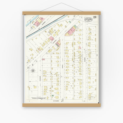 Old map wall art mockup — magnetic wood frame on white wall — Sanborn Fire Insurance Map from Ottumwa, Wapello County, Iowa (1897), Sheet #0021