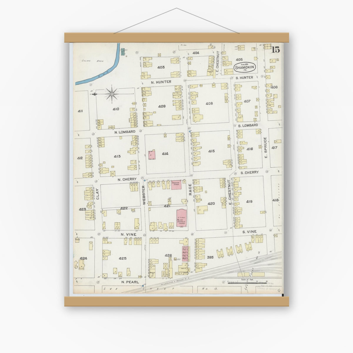 Old map wall art mockup — magnetic wood frame on white wall — Sanborn Fire Insurance Map from Shamokin, Northumberland County, Pennsylvania (1891), Sheet #0015