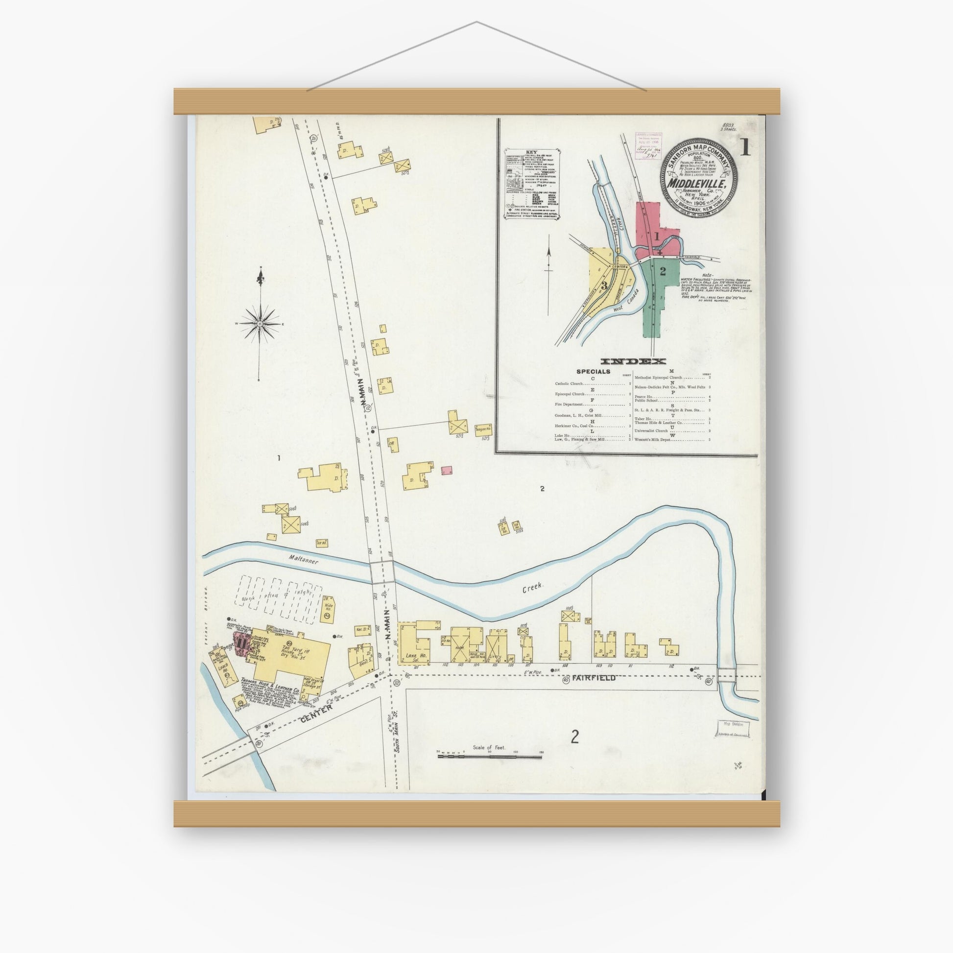 Old map wall art mockup — magnetic wood frame on white wall — Sanborn Fire Insurance Map from Middleville, Herkimer County, New York (1906) - Complete Map Set