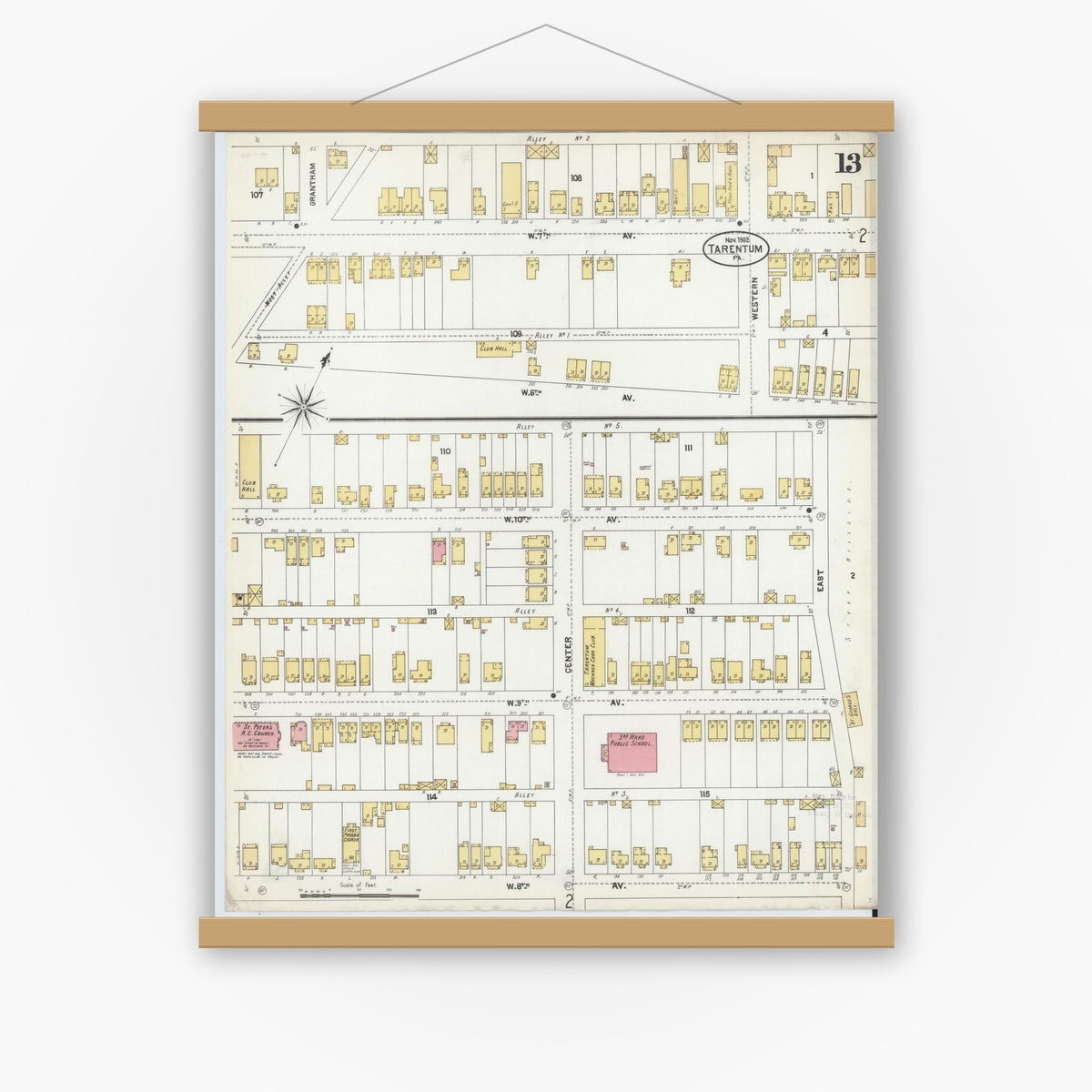Old map wall art mockup — magnetic wood frame on white wall — Sanborn Fire Insurance Map from Tarentum, Allegheny County, Pennsylvania (1902), Sheet #0013