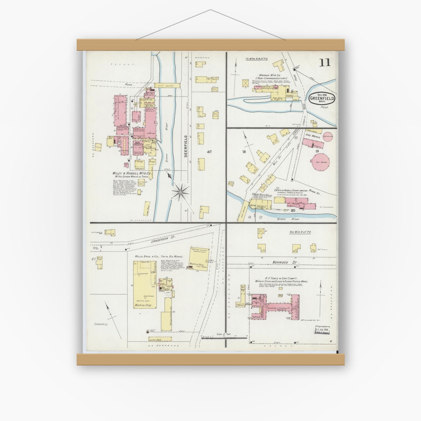 Old map wall art mockup — magnetic wood frame on white wall — Sanborn Fire Insurance Map from Greenfield, Franklin County, Massachusetts (1896), Sheet #0011