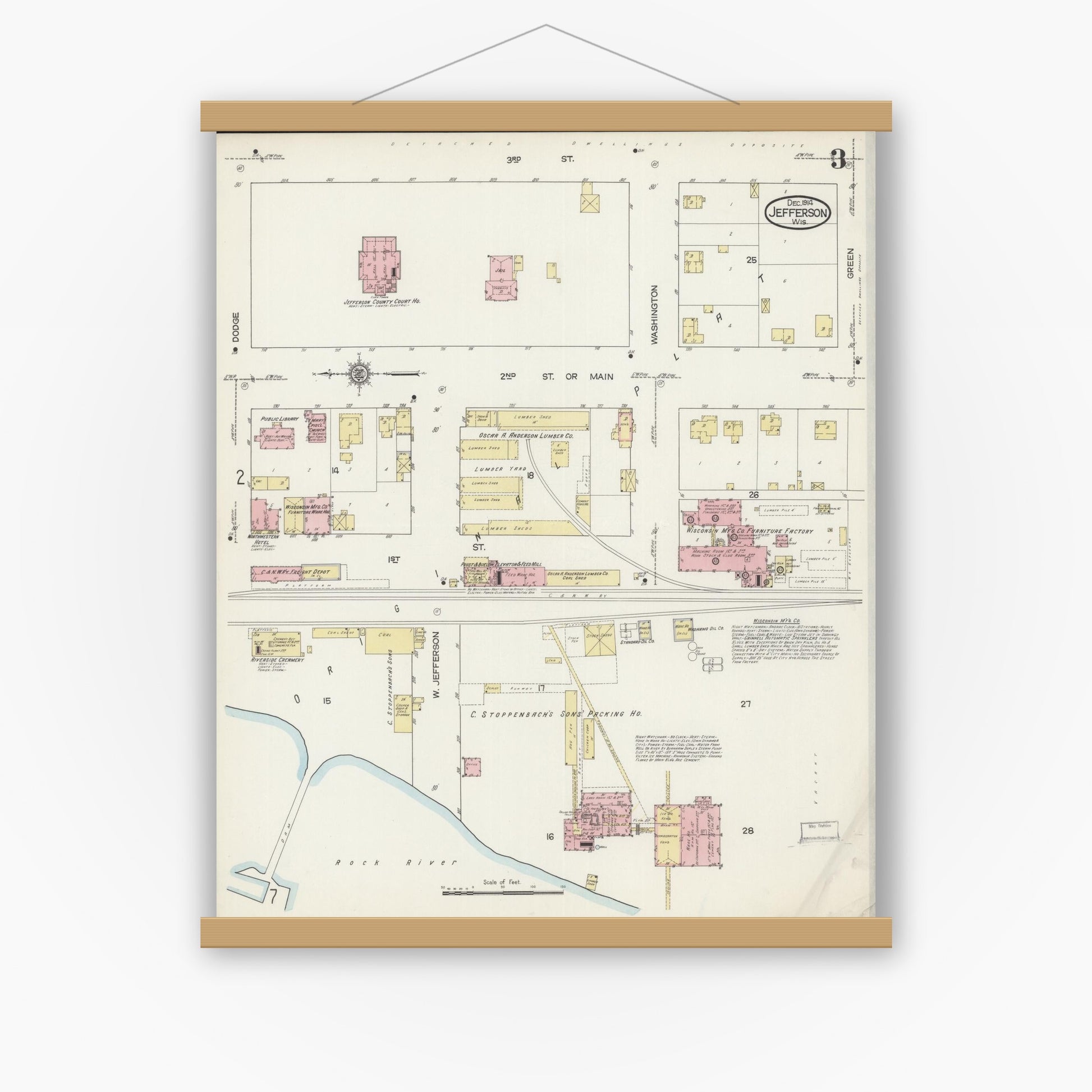 Old map wall art mockup — magnetic wood frame on white wall — Sanborn Fire Insurance Map from Jefferson, Jefferson County, Wisconsin (1914), Sheet #0003