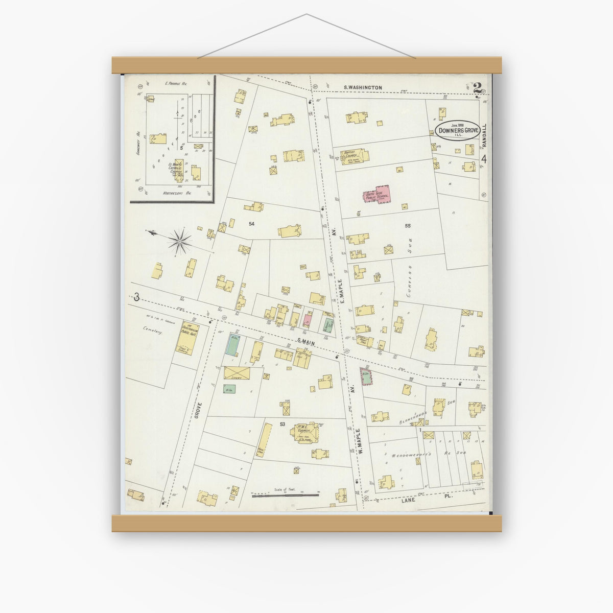 Old map wall art mockup — magnetic wood frame on white wall — Sanborn Fire Insurance Map from Downers Grove, Dupage County, Illinois (1898), Sheet #0002
