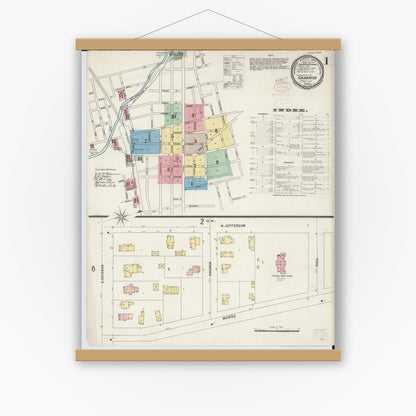 Old map wall art mockup — magnetic wood frame on white wall — Sanborn Fire Insurance Map from Coldwater, Branch County, Michigan (1897), Sheet #0001