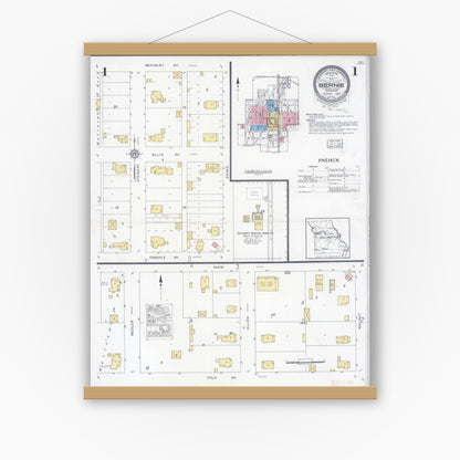 Old map wall art mockup — magnetic wood frame on white wall — Sanborn Fire Insurance Map from Bernie, Stoddard County, Missouri (1929) - Complete Map Set