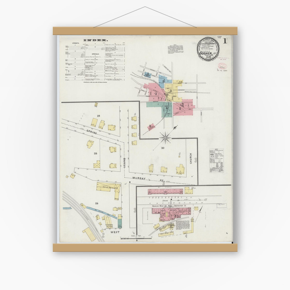 Old map wall art mockup — magnetic wood frame on white wall — Sanborn Fire Insurance Map from Goshen, Orange County, New York (1894) - Complete Map Set