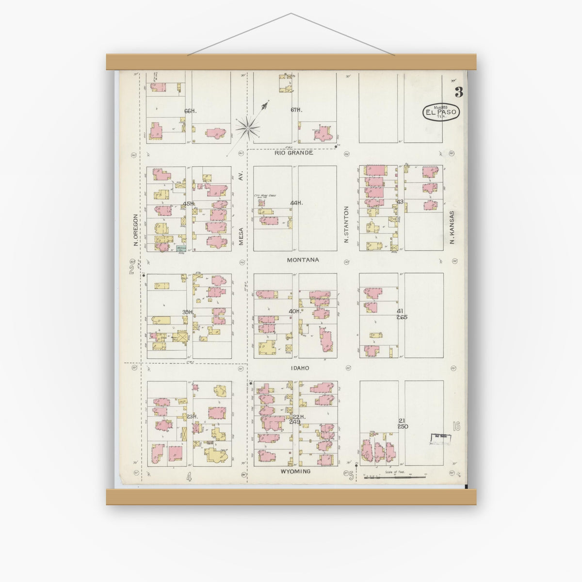 Old map wall art mockup — magnetic wood frame on white wall — Sanborn Fire Insurance Map from El Paso, El Paso County, Texas (1893), Sheet #0003