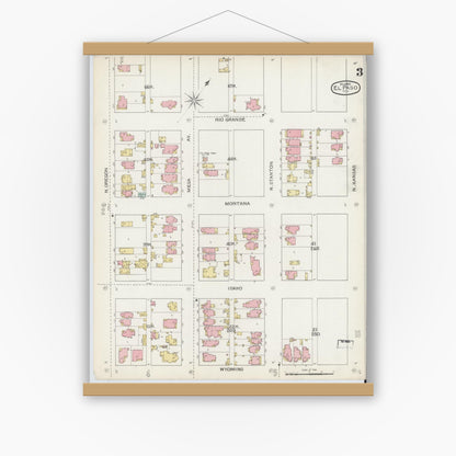 Old map wall art mockup — magnetic wood frame on white wall — Sanborn Fire Insurance Map from El Paso, El Paso County, Texas (1893), Sheet #0003