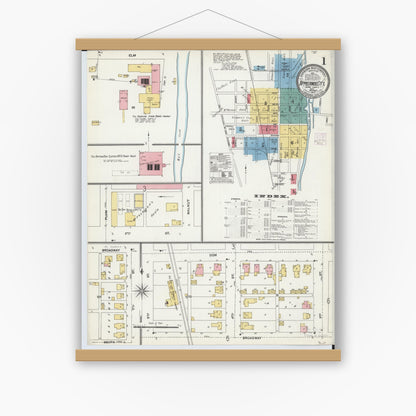 Old map wall art mockup — magnetic wood frame on white wall — Sanborn Fire Insurance Map from Tipp City, Miami County, Ohio (1905), Sheet #0001