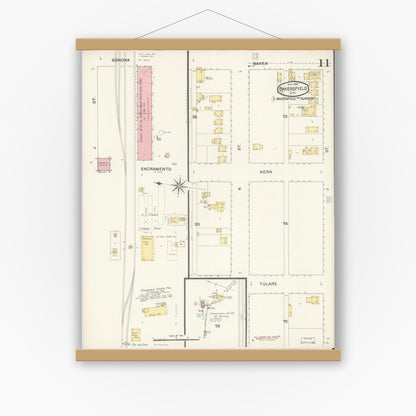 Old map wall art mockup — magnetic wood frame on white wall — Sanborn Fire Insurance Map from Bakersfield, Kern County, California (1892), Sheet #0011