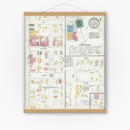 Old map wall art mockup — magnetic wood frame on white wall — Sanborn Fire Insurance Map from Sullivan, Sullivan County, Indiana (1902), Sheet #0001