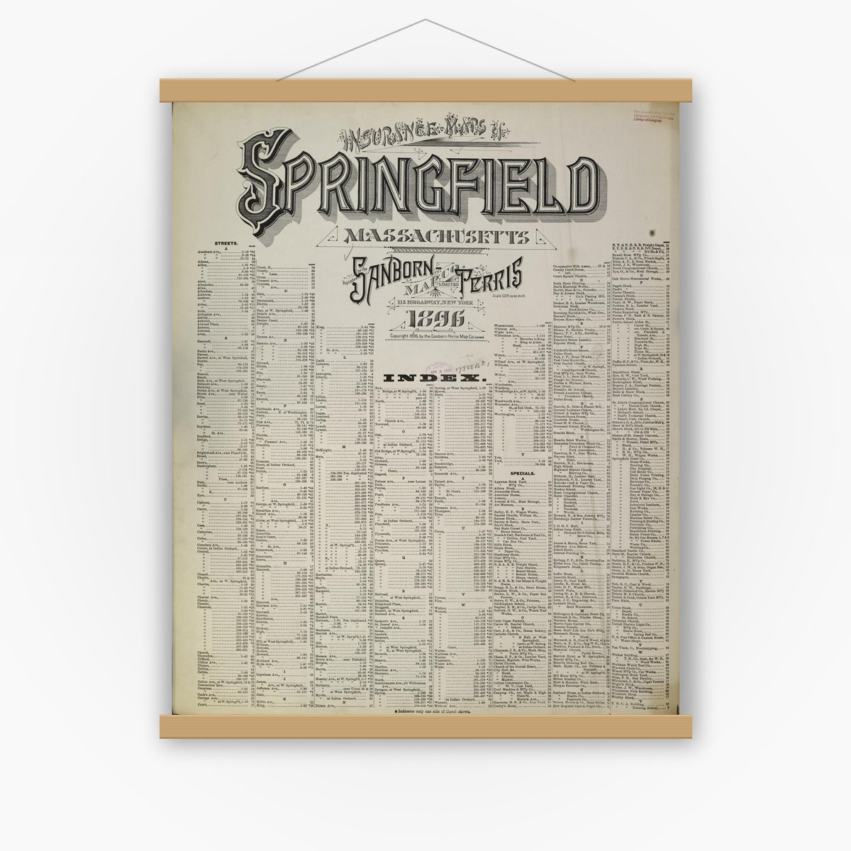 Old map wall art mockup — magnetic wood frame on white wall — Sanborn Fire Insurance Map from Springfield, Hampden County, Massachusetts (1896), Sheet #0001