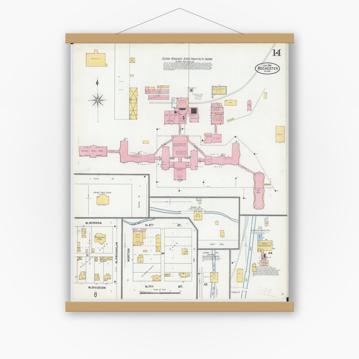 Old map wall art mockup — magnetic wood frame on white wall — Sanborn Fire Insurance Map from Rochester, Olmsted County, Minnesota (1904), Sheet #0014