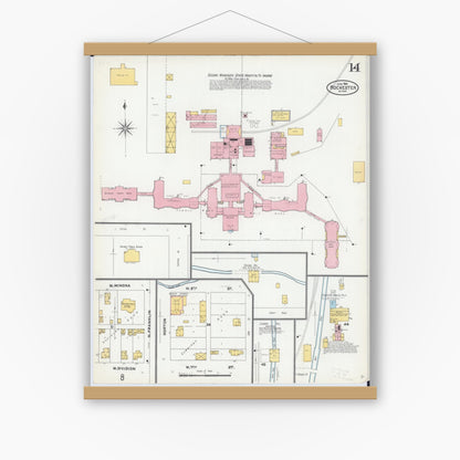 Old map wall art mockup — magnetic wood frame on white wall — Sanborn Fire Insurance Map from Rochester, Olmsted County, Minnesota (1904), Sheet #0014