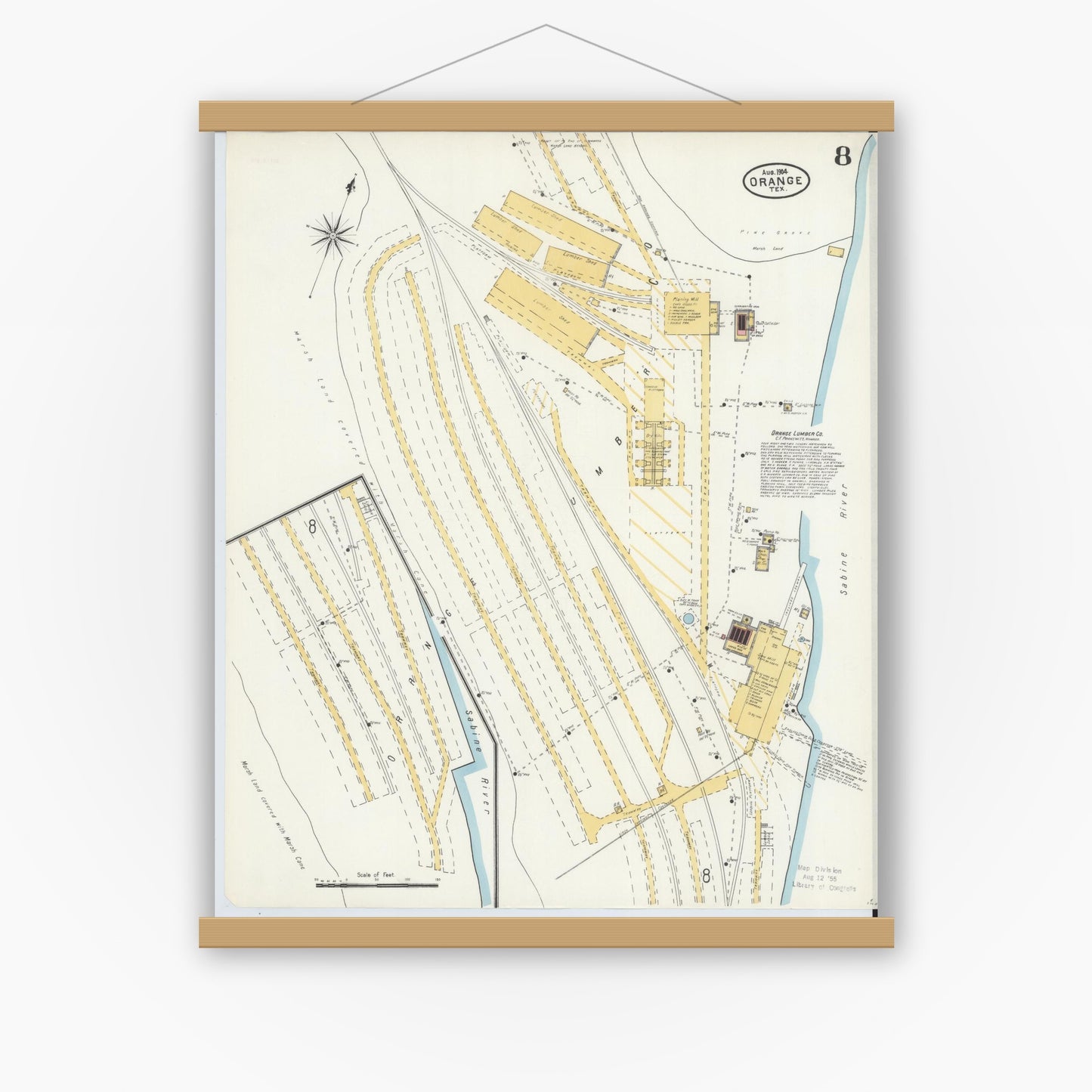 Old map wall art mockup — magnetic wood frame on white wall — Sanborn Fire Insurance Map from Orange, Orange County, Texas (1904), Sheet #0008