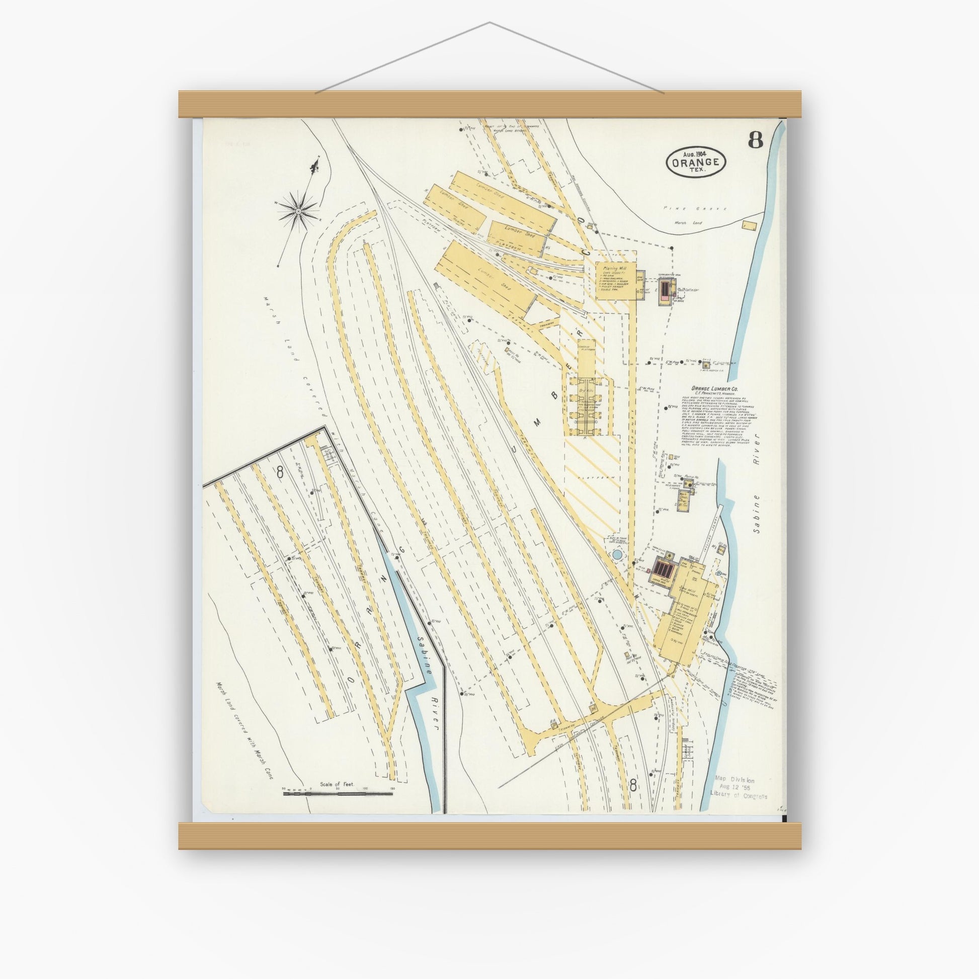 Old map wall art mockup — magnetic wood frame on white wall — Sanborn Fire Insurance Map from Orange, Orange County, Texas (1904), Sheet #0008