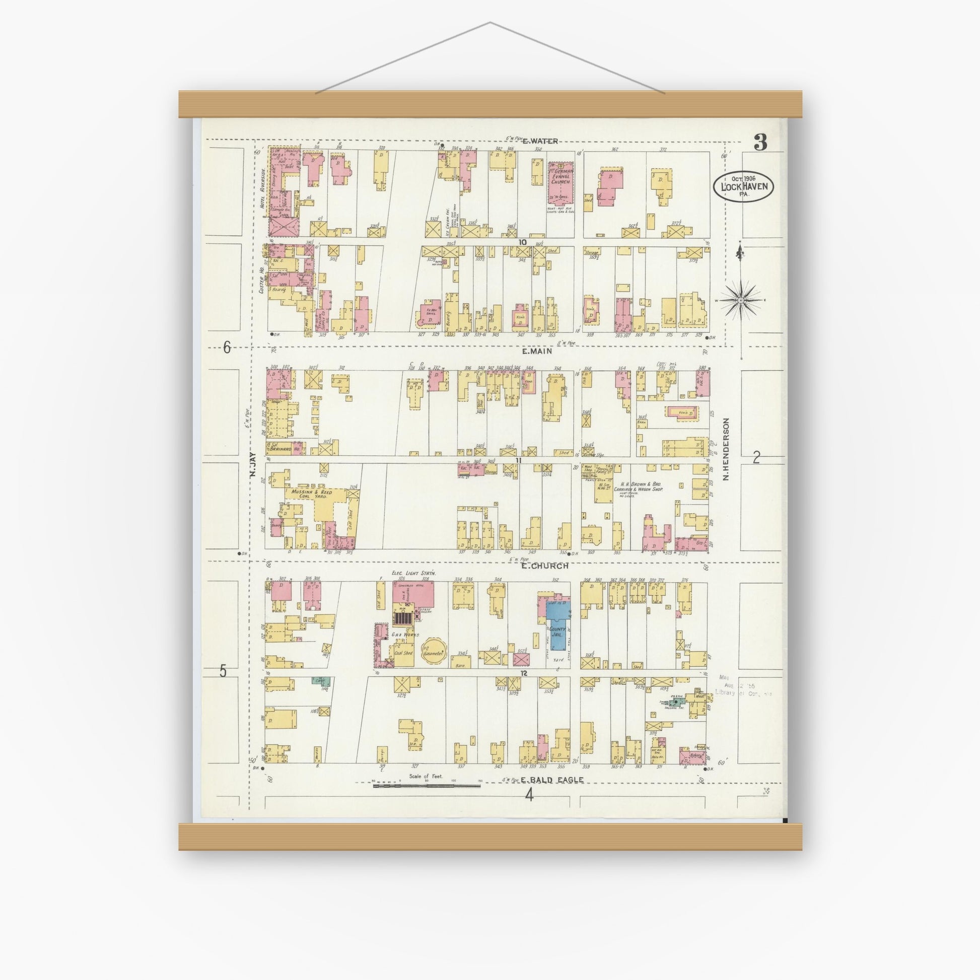 Old map wall art mockup — magnetic wood frame on white wall — Sanborn Fire Insurance Map from Lock Haven, Clinton County, Pennsylvania (1906), Sheet #0003