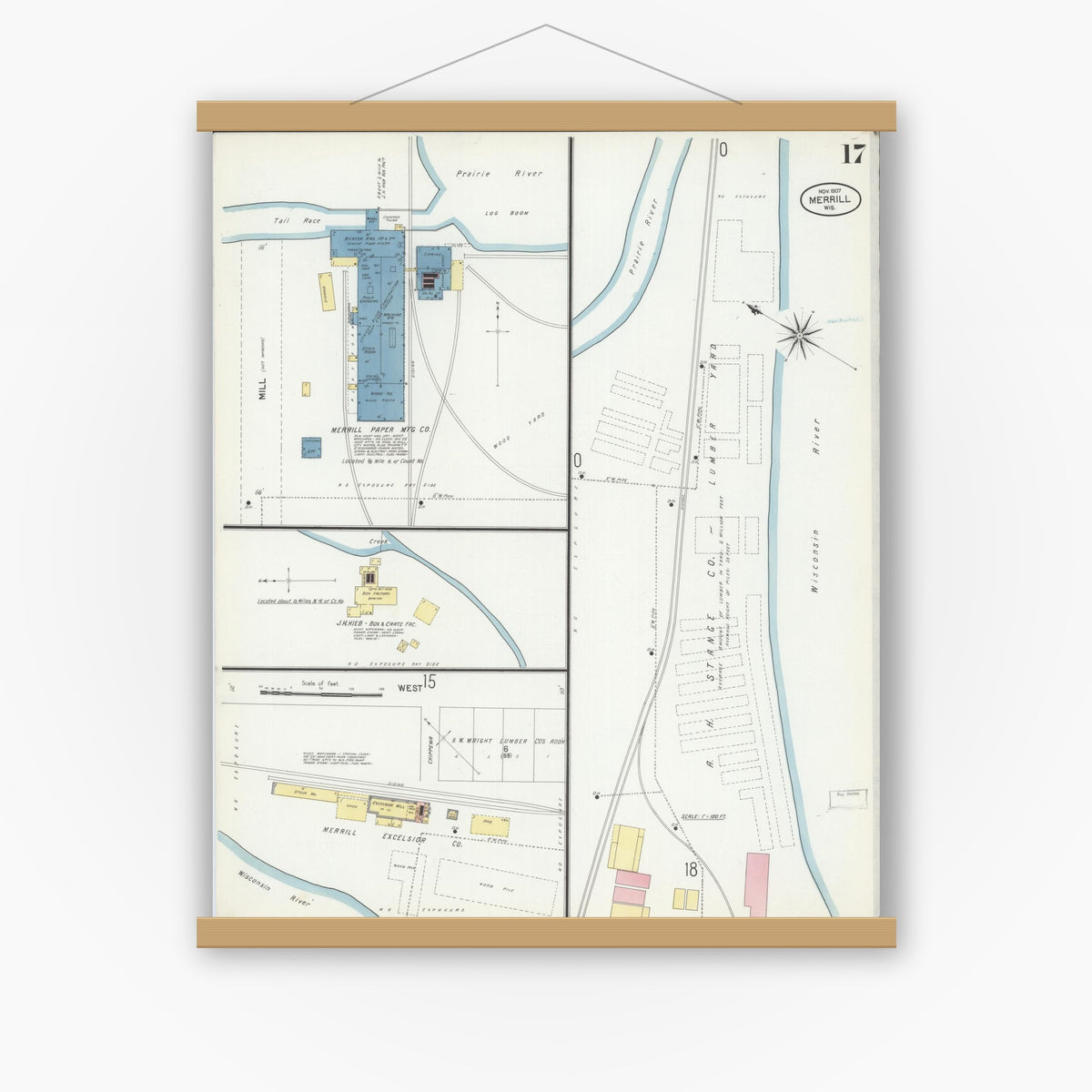 Old map wall art mockup — magnetic wood frame on white wall — Sanborn Fire Insurance Map from Merrill, Lincoln County, Wisconsin (1907), Sheet #0017
