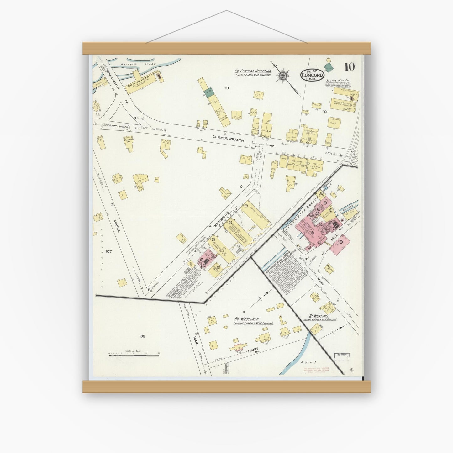 Old map wall art mockup — magnetic wood frame on white wall — Sanborn Fire Insurance Map from Concord, Middlesex County, Massachusetts (1909), Sheet #0010