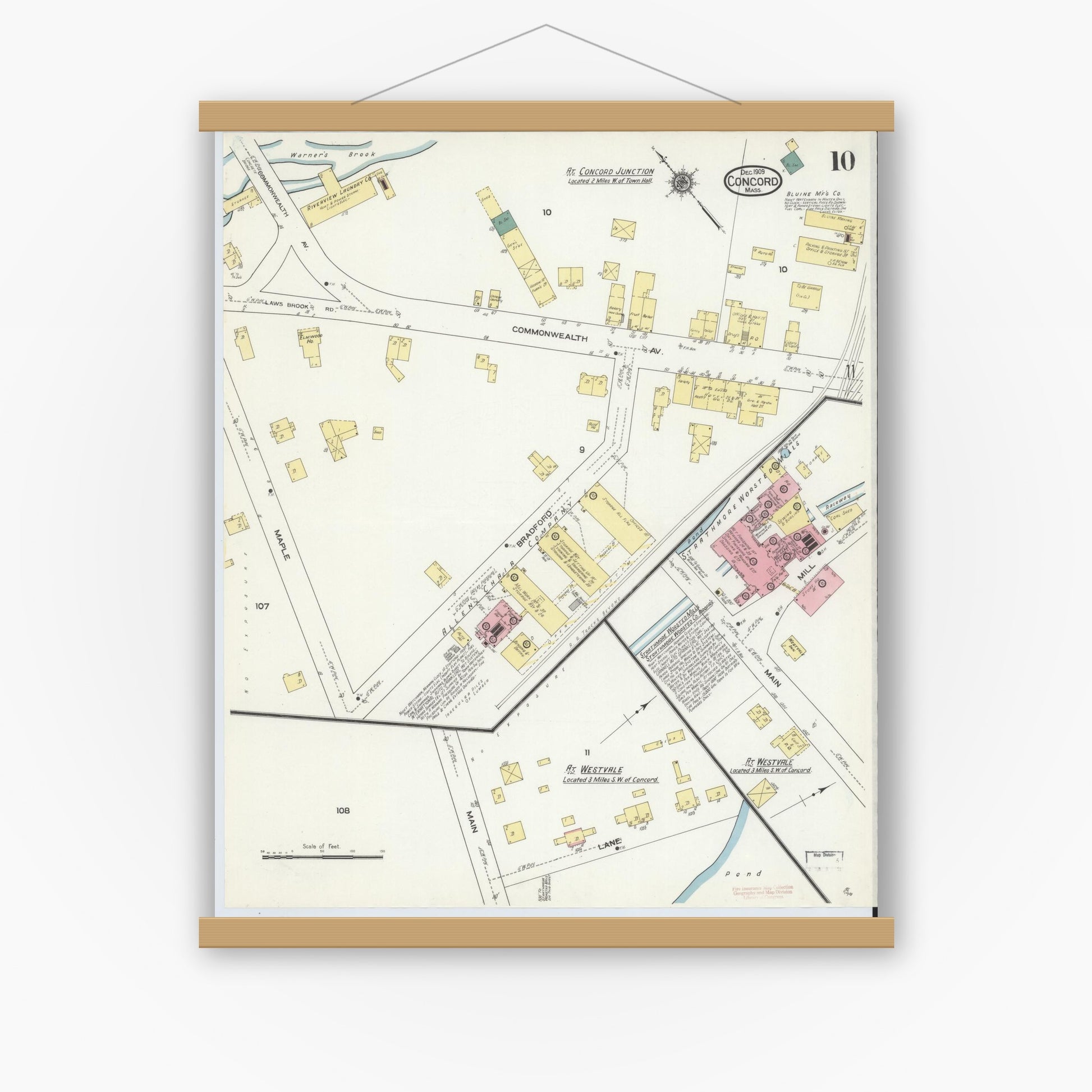 Old map wall art mockup — magnetic wood frame on white wall — Sanborn Fire Insurance Map from Concord, Middlesex County, Massachusetts (1909), Sheet #0010