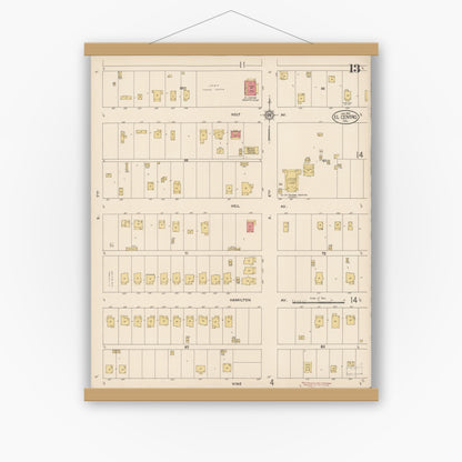 Old map wall art mockup — magnetic wood frame on white wall — Sanborn Fire Insurance Map from El Centro, Imperial County, California (1914), Sheet #0013