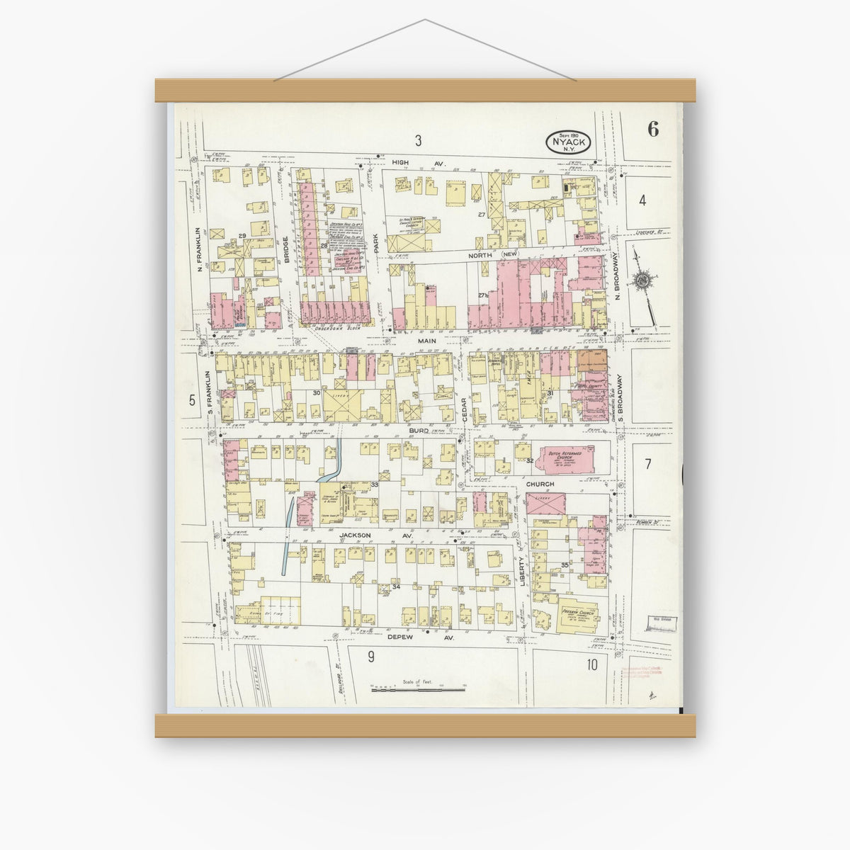 Old map wall art mockup — magnetic wood frame on white wall — Sanborn Fire Insurance Map from Nyack, Rockland County, New York (1910), Sheet #0006