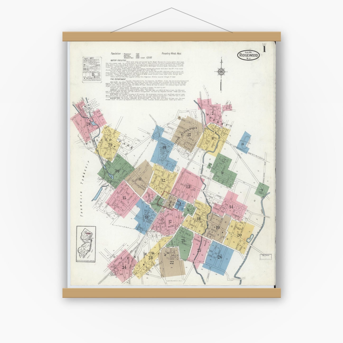Old map wall art mockup — magnetic wood frame on white wall — Sanborn Fire Insurance Map from Ridgewood, Bergen County, New Jersey (1916) - Complete Map Set
