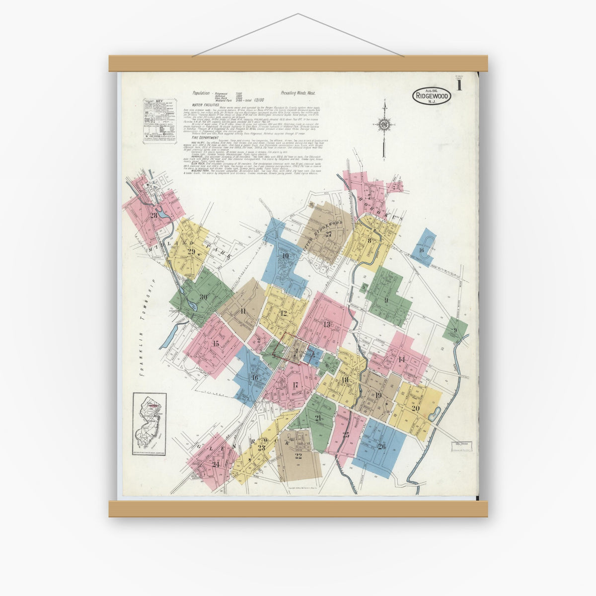 Old map wall art mockup — magnetic wood frame on white wall — Sanborn Fire Insurance Map from Ridgewood, Bergen County, New Jersey (1916) - Complete Map Set