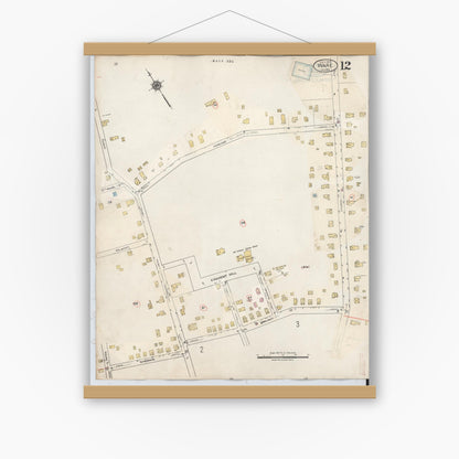 Old map wall art mockup — magnetic wood frame on white wall — Sanborn Fire Insurance Map from Ware, Hampshire County, Massachusetts (1946), Sheet #0012
