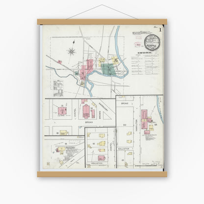 Old map wall art mockup — magnetic wood frame on white wall — Sanborn Fire Insurance Map from Monroeville, Huron County, Ohio (1893), Sheet #0001