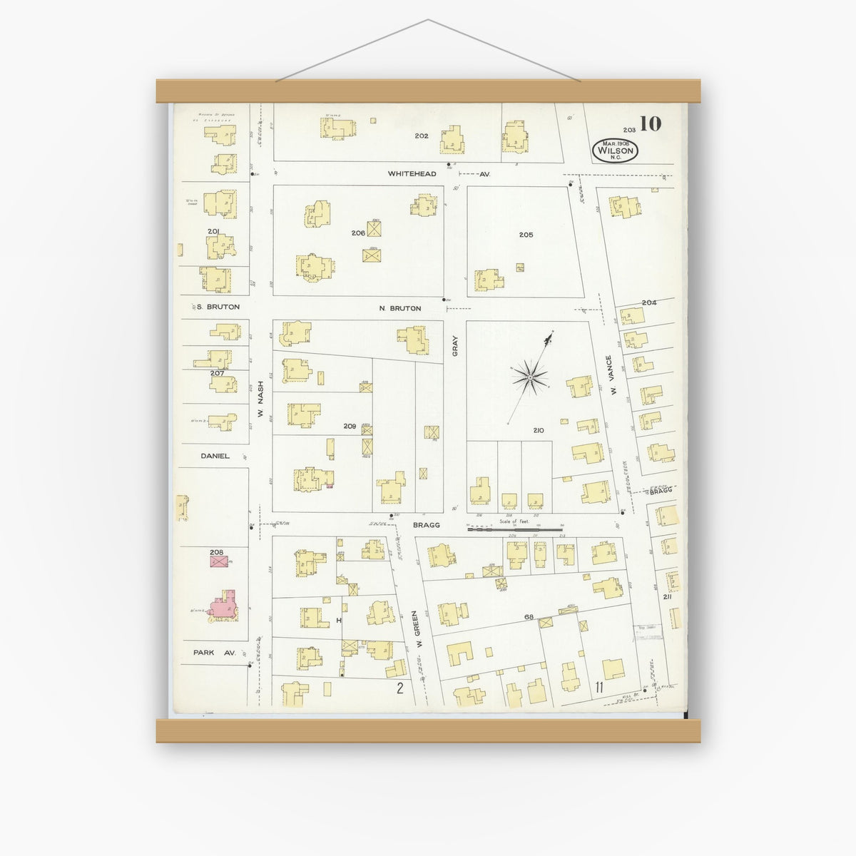 Old map wall art mockup — magnetic wood frame on white wall — Sanborn Fire Insurance Map from Wilson, Wilson County, North Carolina (1908), Sheet #0010