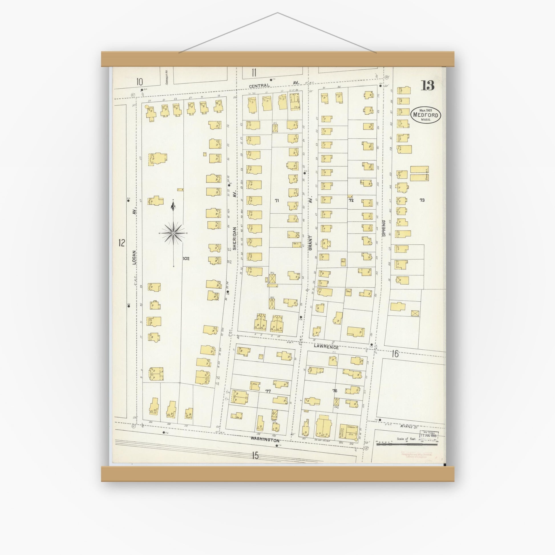 Old map wall art mockup — magnetic wood frame on white wall — Sanborn Fire Insurance Map from Medford, Middlesex County, Massachusetts (1903), Sheet #0013