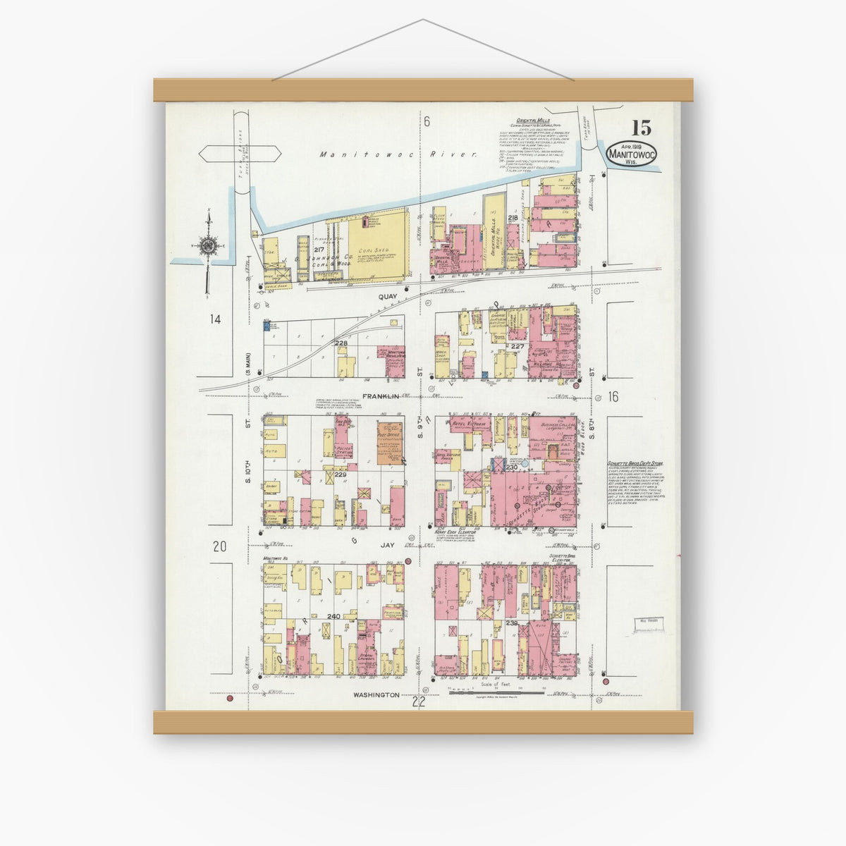Old map wall art mockup — magnetic wood frame on white wall — Sanborn Fire Insurance Map from Manitowoc, Manitowoc County, Wisconsin (1919), Sheet #0015