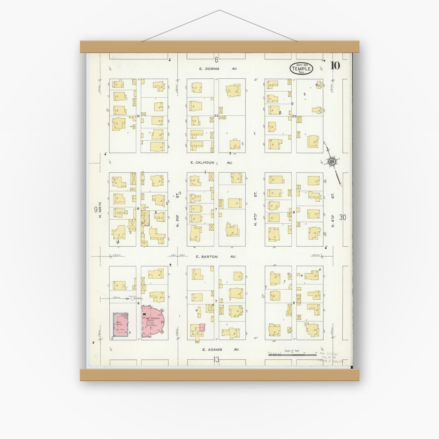 Old map wall art mockup — magnetic wood frame on white wall — Sanborn Fire Insurance Map from Temple, Bell County, Texas (1915), Sheet #0010