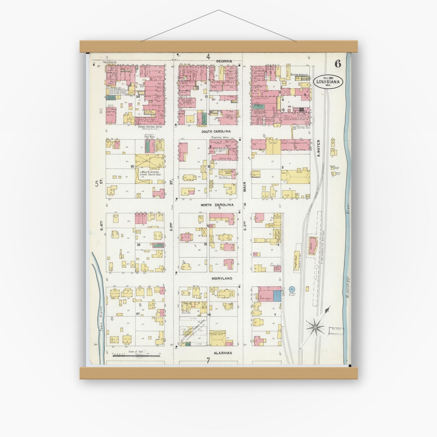 Old map wall art mockup — magnetic wood frame on white wall — Sanborn Fire Insurance Map from Louisiana, Pike County, Missouri (1902), Sheet #0006