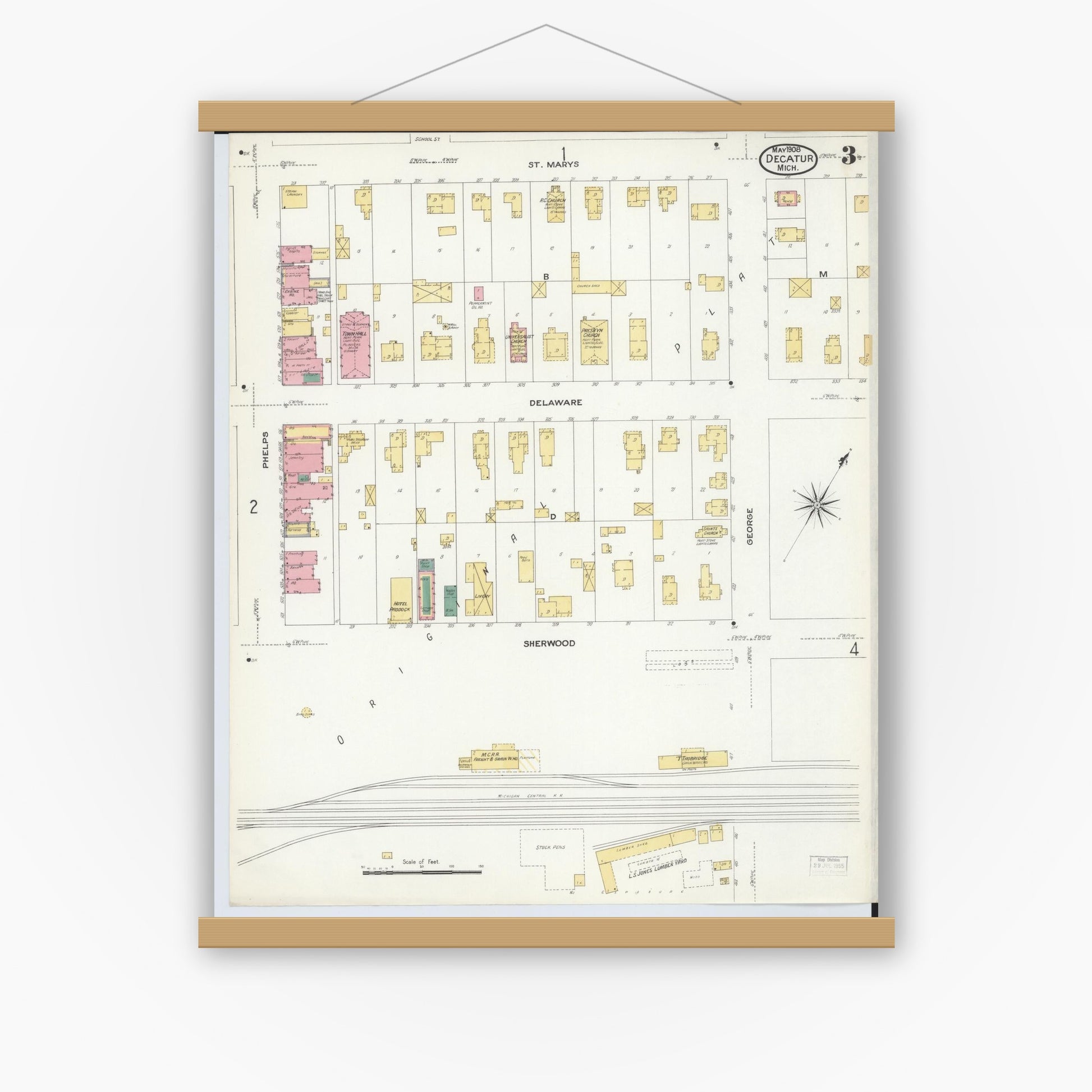 Old map wall art mockup — magnetic wood frame on white wall — Sanborn Fire Insurance Map from Decatur, Van Buren County, Michigan (1908), Sheet #0003