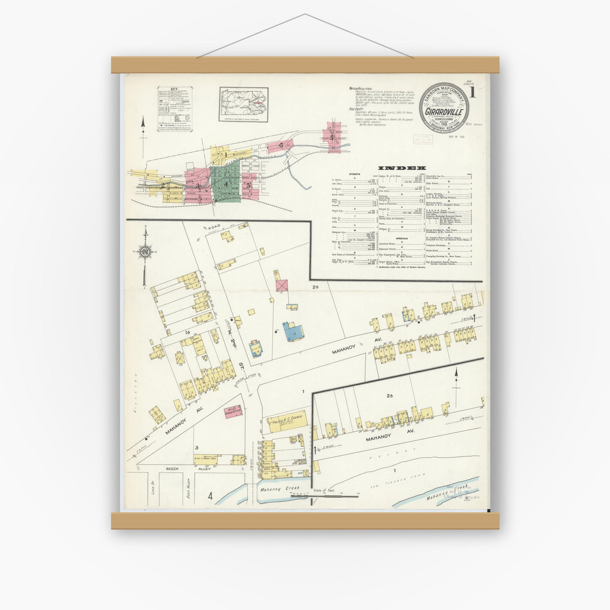 Old map wall art mockup — magnetic wood frame on white wall — Sanborn Fire Insurance Map from Girardsville, Schuylkill County, Pennsylvania (1913) - Complete Map Set