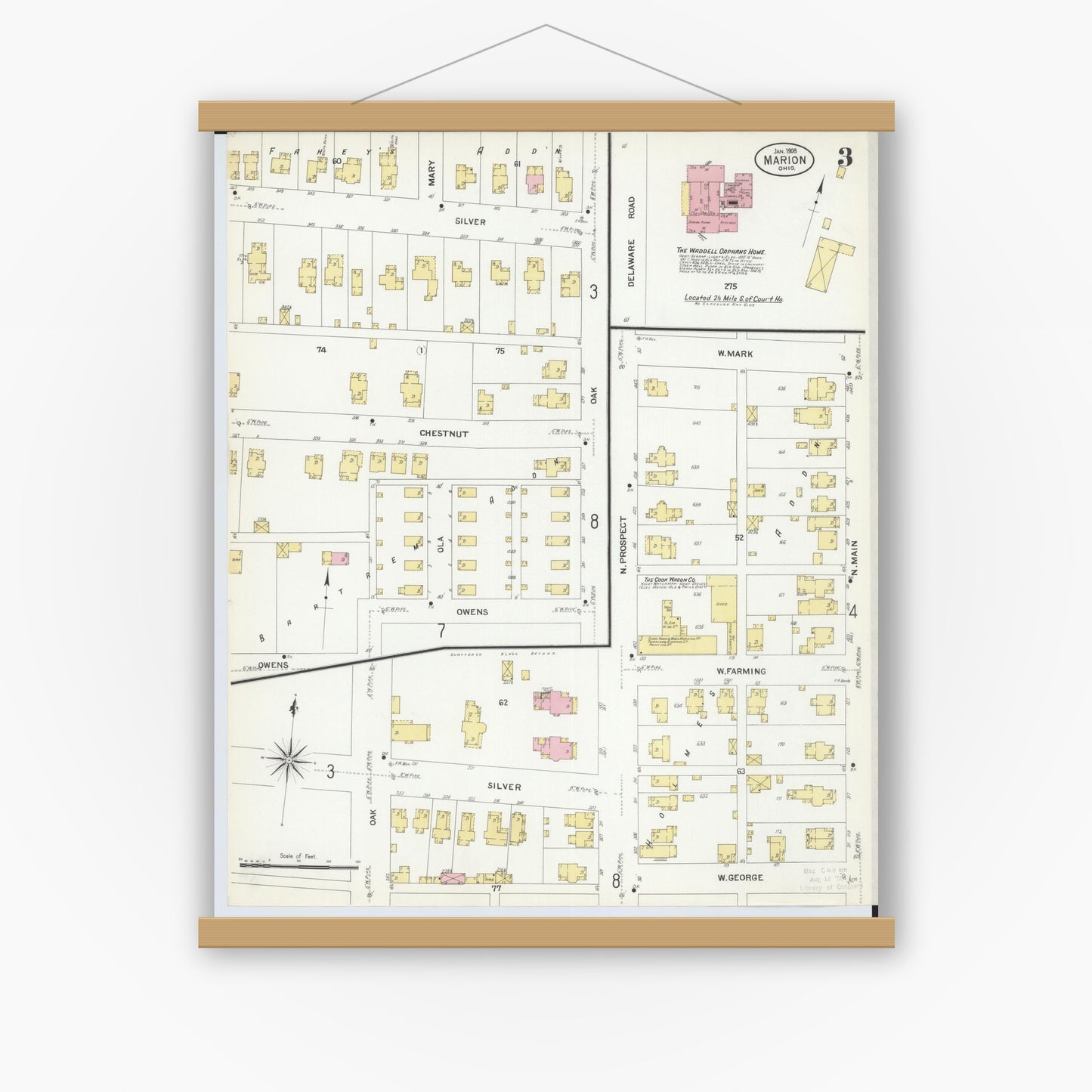 Old map wall art mockup — magnetic wood frame on white wall — Sanborn Fire Insurance Map from Marion, Marion County, Ohio (1908), Sheet #0003