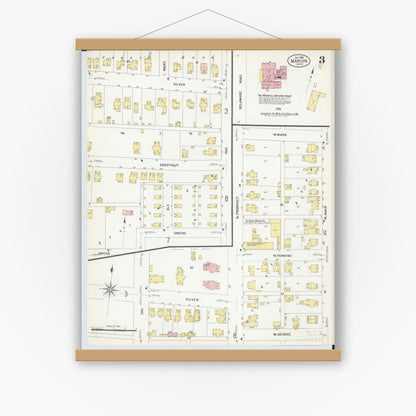 Old map wall art mockup — magnetic wood frame on white wall — Sanborn Fire Insurance Map from Marion, Marion County, Ohio (1908), Sheet #0003