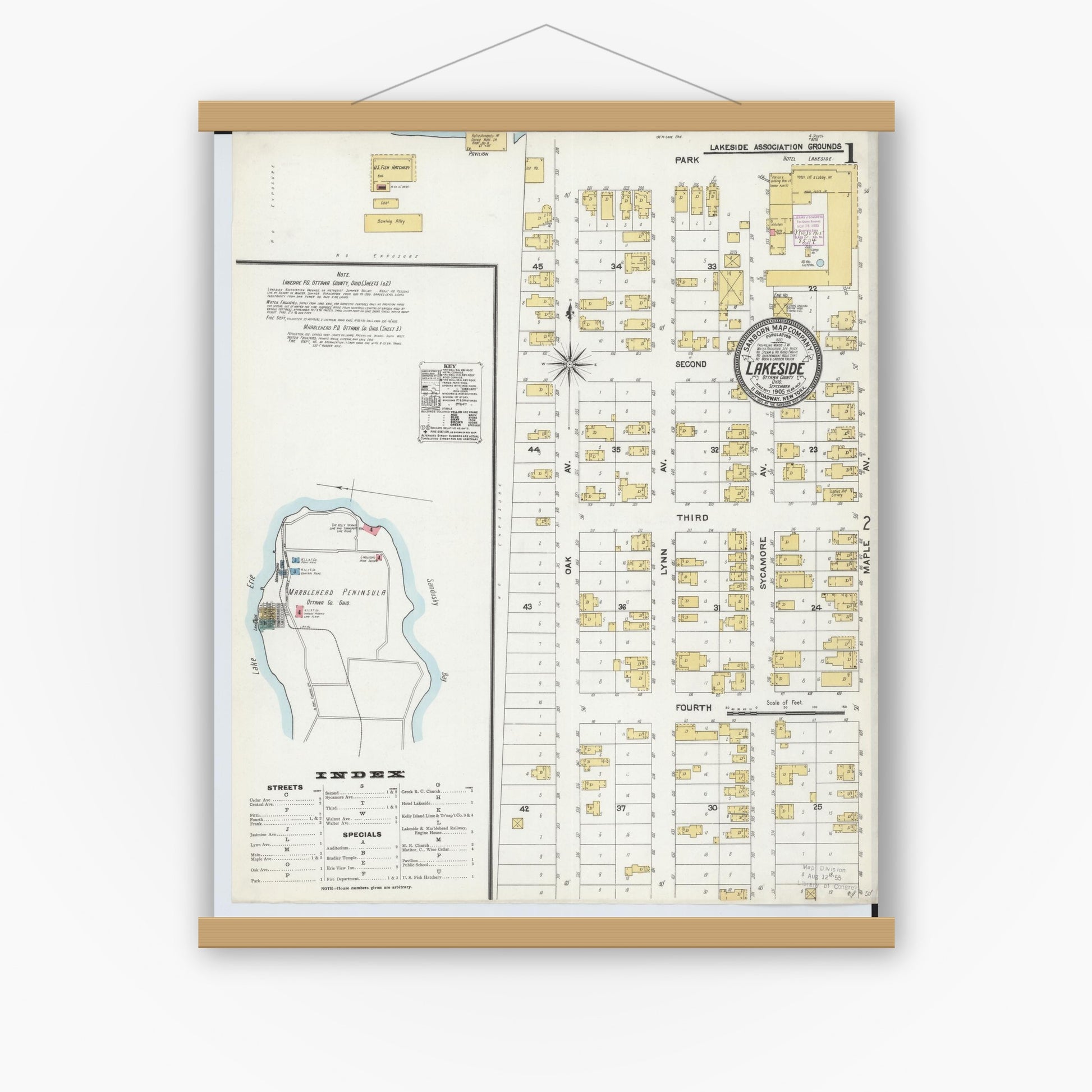 Old map wall art mockup — magnetic wood frame on white wall — Sanborn Fire Insurance Map from Lakeside, Ottawa County, Ohio (1905) - Complete Map Set