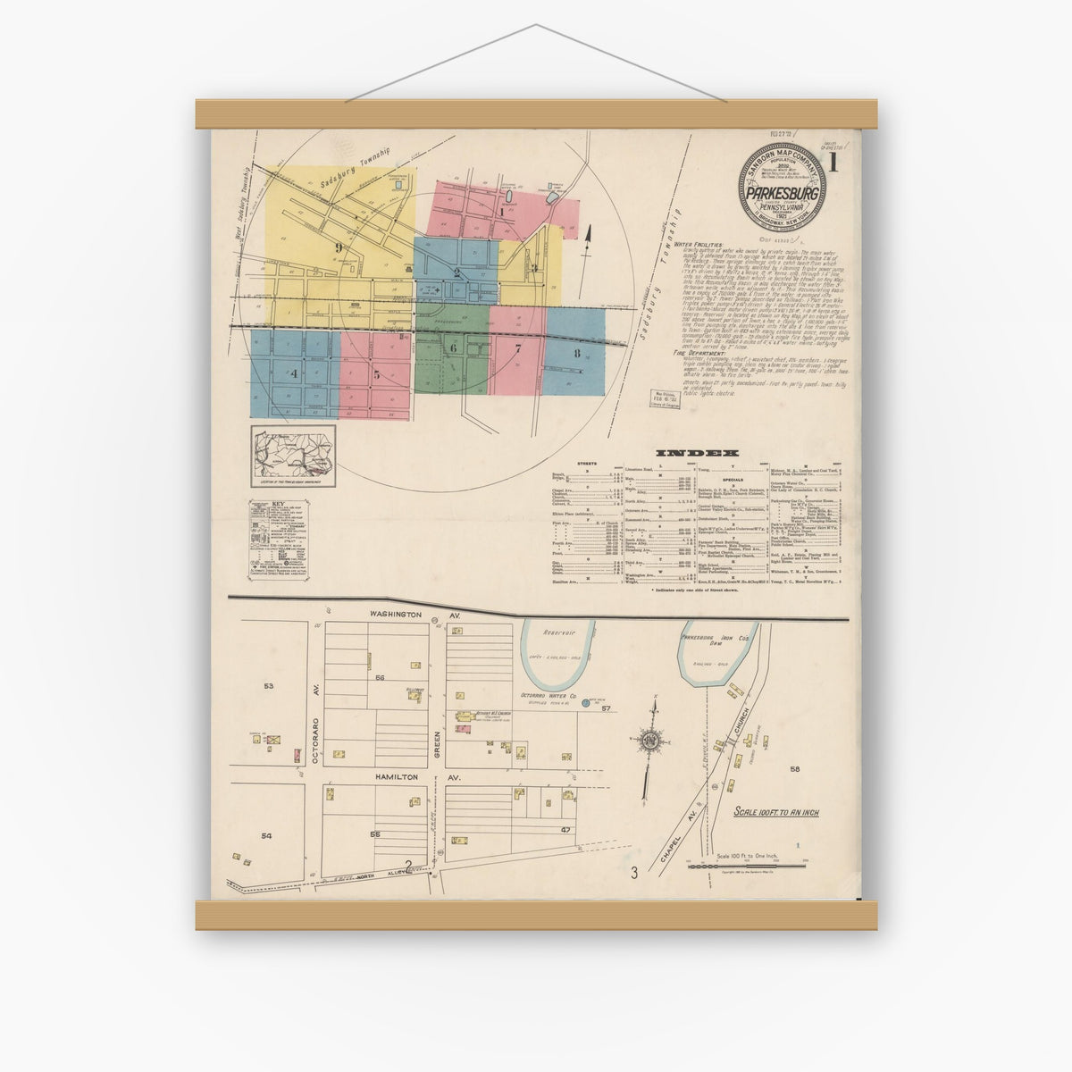 Old map wall art mockup — magnetic wood frame on white wall — Sanborn Fire Insurance Map from Parkesburg, Chester County, Pennsylvania (1921) - Complete Map Set