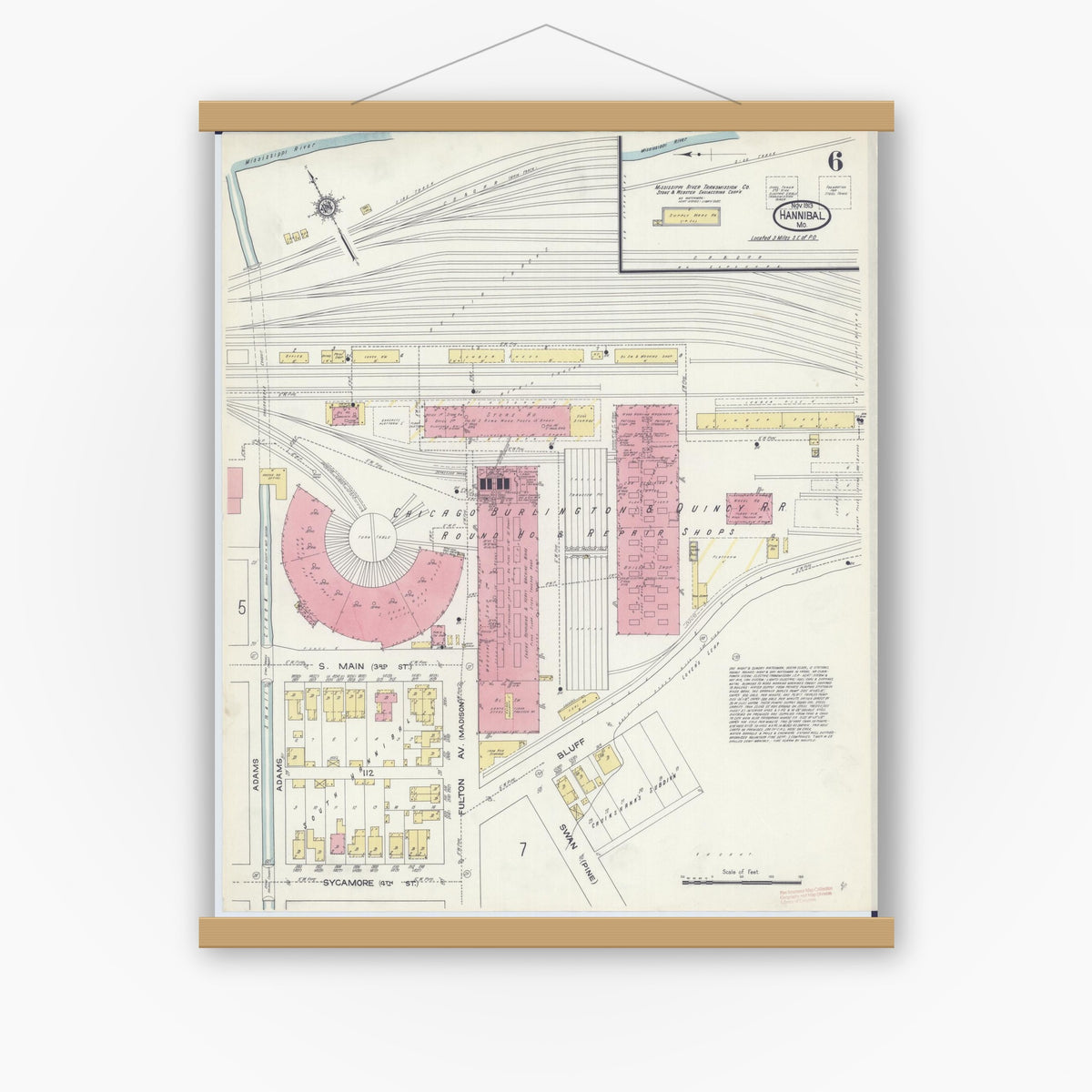 Old map wall art mockup — magnetic wood frame on white wall — Sanborn Fire Insurance Map from Hannibal, Marion County, Missouri (1913), Sheet #0006